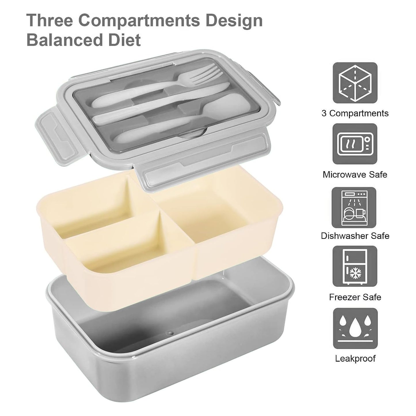 IJIAMY 1400ml Bento Lunch Box, Container with 3 Compartments, Cutlery, Dishwasher, BPA Free Sandwich Box for Adults and Kids Grey