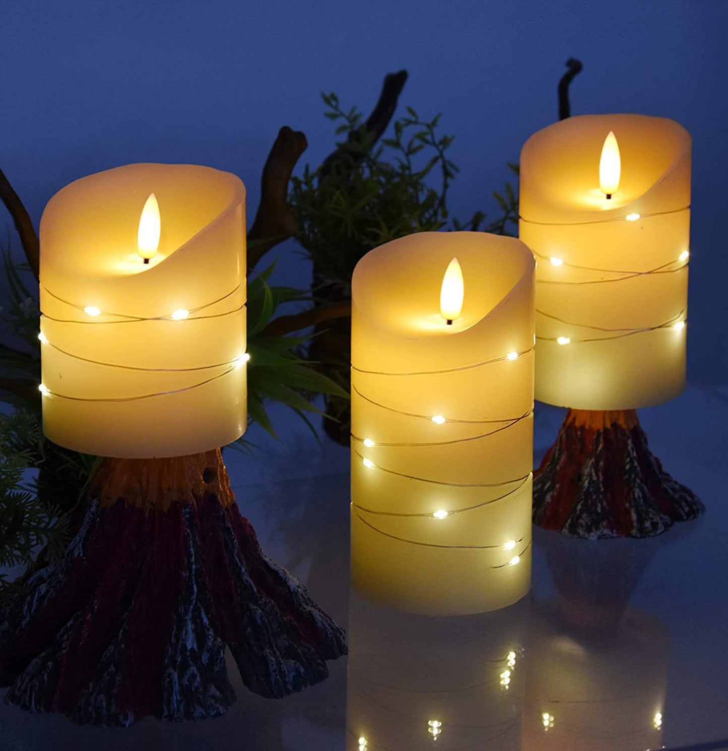 flameless Candle, with Embedded Fairy String Lights, 3-Piece LED Candle, with 10-Key Remote Control, 24-Hour Timer Function, Dancing Flame, Real Wax, Battery-Powered. (Ivory White) 3 X3String Lights