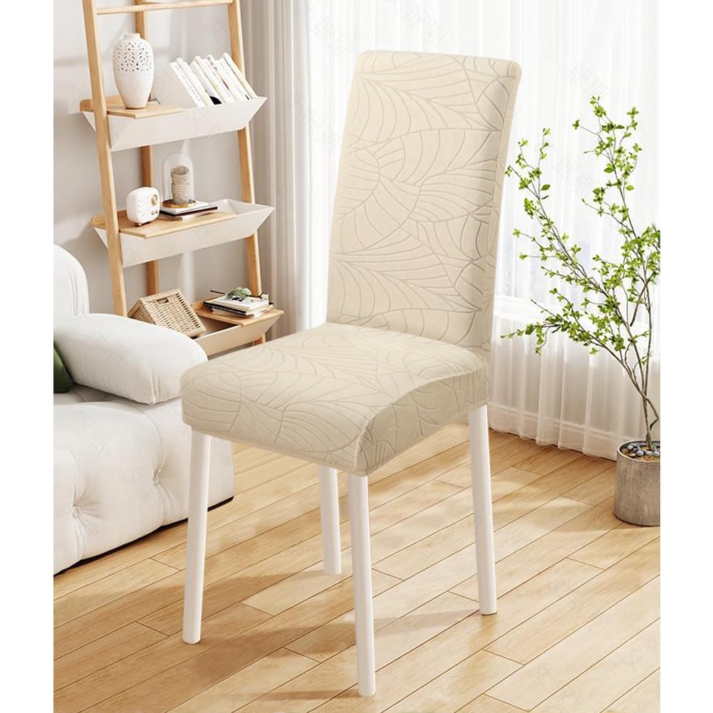 Fuloon Beige Chair Covers Dining Room Chair Protector Slipcovers Set of 6 Stretch Removable Washable Decoration Chair Covers Leaf_beige