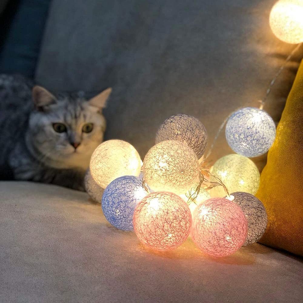 Fairy Lights LED String Lights Plug in Indoor - 3.8M 20 Pcs Cotton Ball String Lights White Xmas Fairy Lights Starry Wall Light Wedding Party Home Christmas Decoration Macaron UK Plug