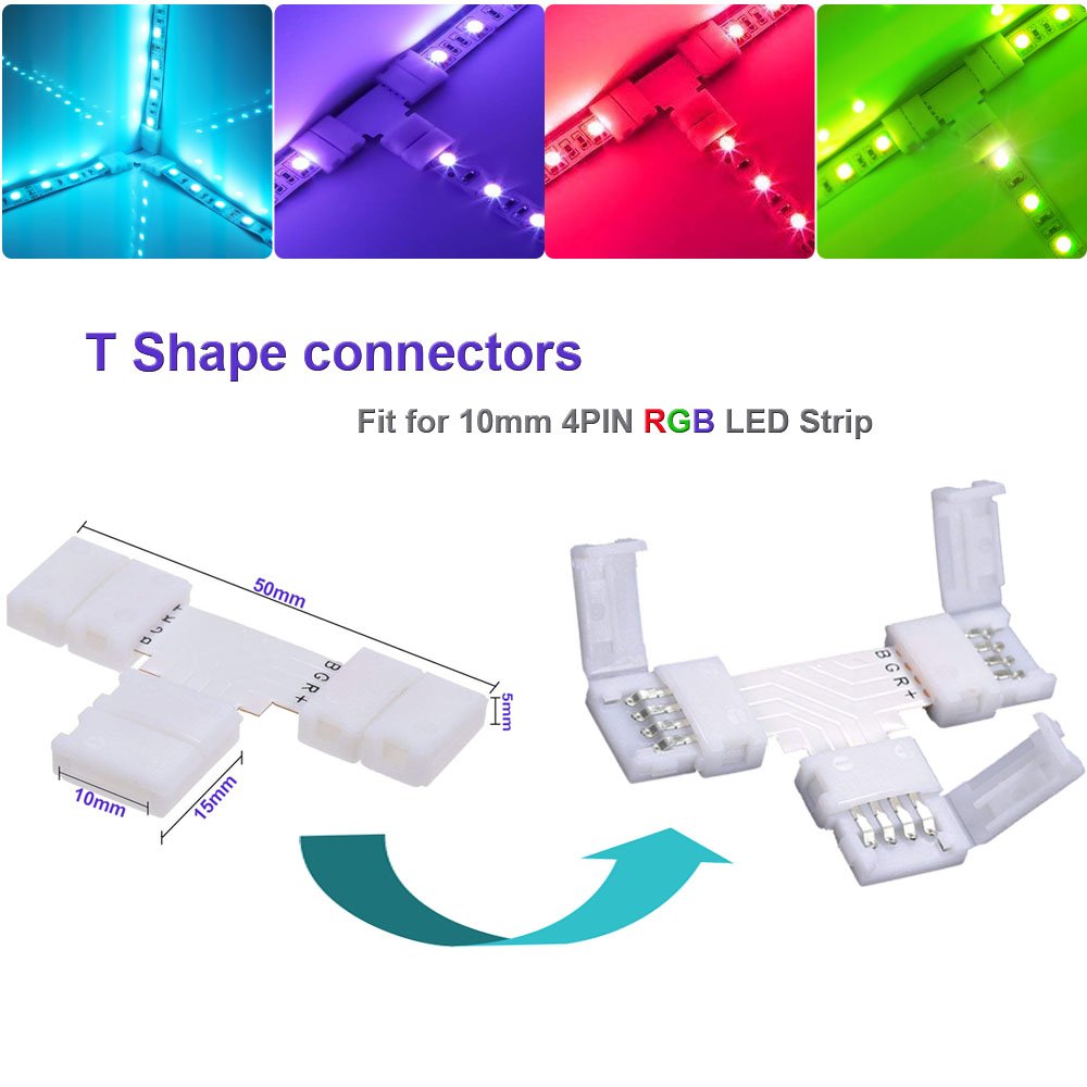 FSJEE 10mm 4pin 5050 RGB LED Strip Solderless Connector Kit- Includes 6.6FT Extension Cable,2 Way Splitter,L and T Shape connectors