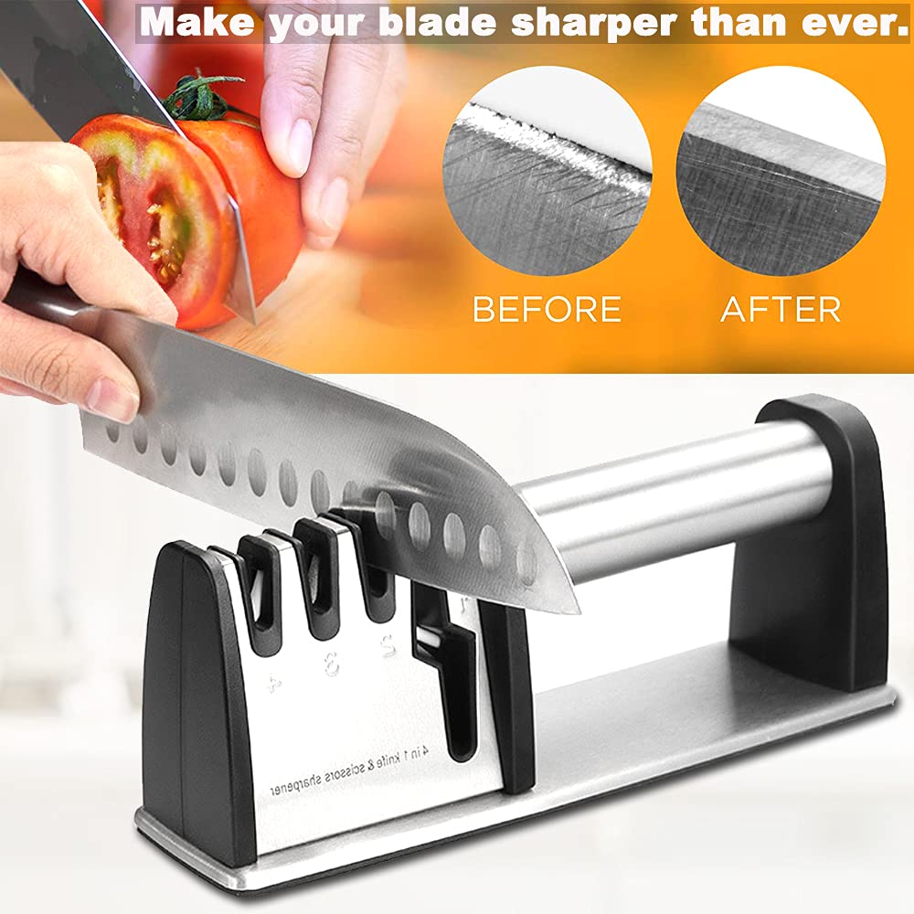 Knife Sharpener with 4 in 1 and Finger Protection Knife sharpeners Best Grinding Grooves are Made of Diamond Tungsten Steel and Ceramic Knives Sharpener Safe and Non-Slip. Black + Finger Guard