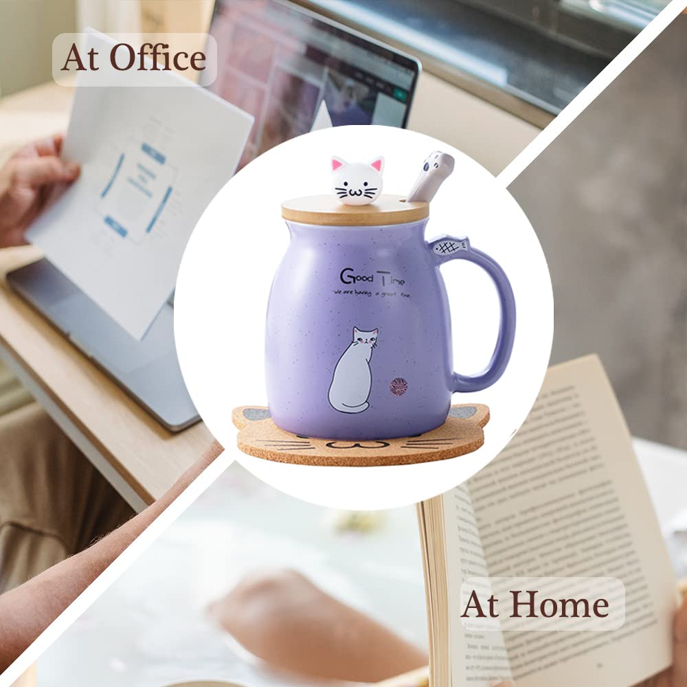 Cat Mug Cute Ceramic Coffee Cup with Lovely Kitty lid Stainless Steel Spoon,Novelty Morning Cup Tea Milk Christmas Mug Gift 380ML (Purple) Purple