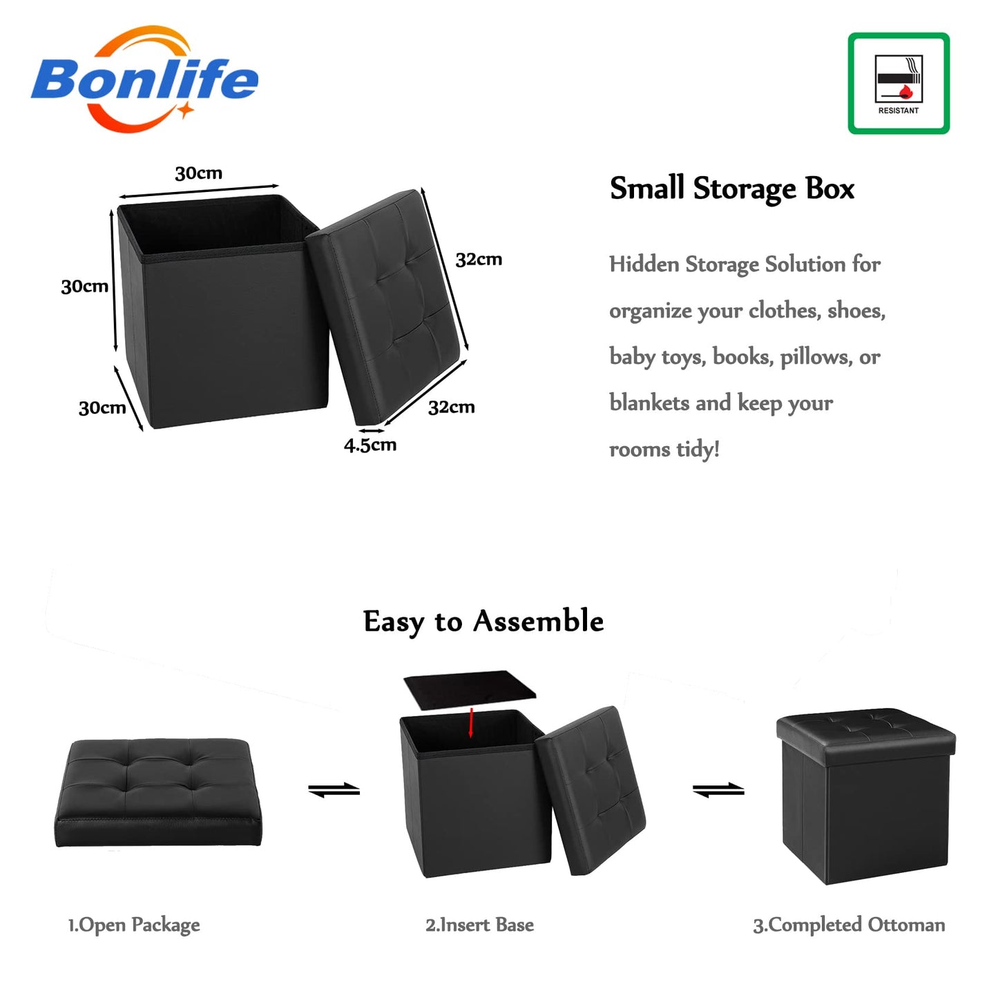 Bonlife 12.6" Black Folding Storage Ottoman Box Footstool,Faux Leather Storage Box with Lid Toy Chest Cube Foot Rest Seat, 32x32x32cm S-Leather