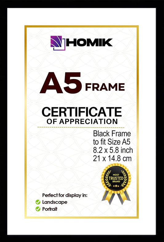 HOMIK A5 Frame | A5 Photo Frame With Acrylic Safety Glass Photo Frame with Mount - Home Decor Photo Frame | A5 Picture Frame Ideal For Gifting Black