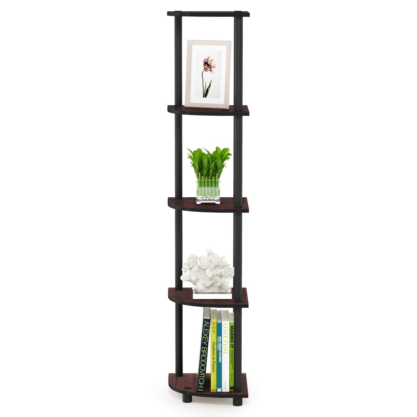 Furinno Turn-N-Tube 5 Tier Corner Display Rack Multipurpose Shelving Unit, Dark Cherry/Black 5-Tier