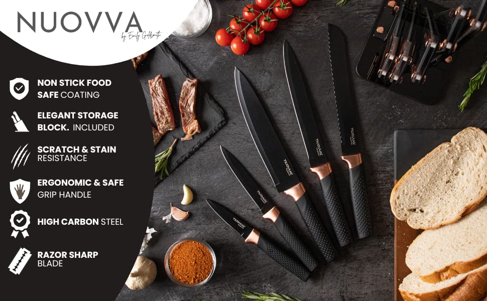 Kitchen Knife Block Set Copper 5 Piece Set with Knives Clear Acrylic Block Stainless Steel Blades - by Nuovva 5pcs