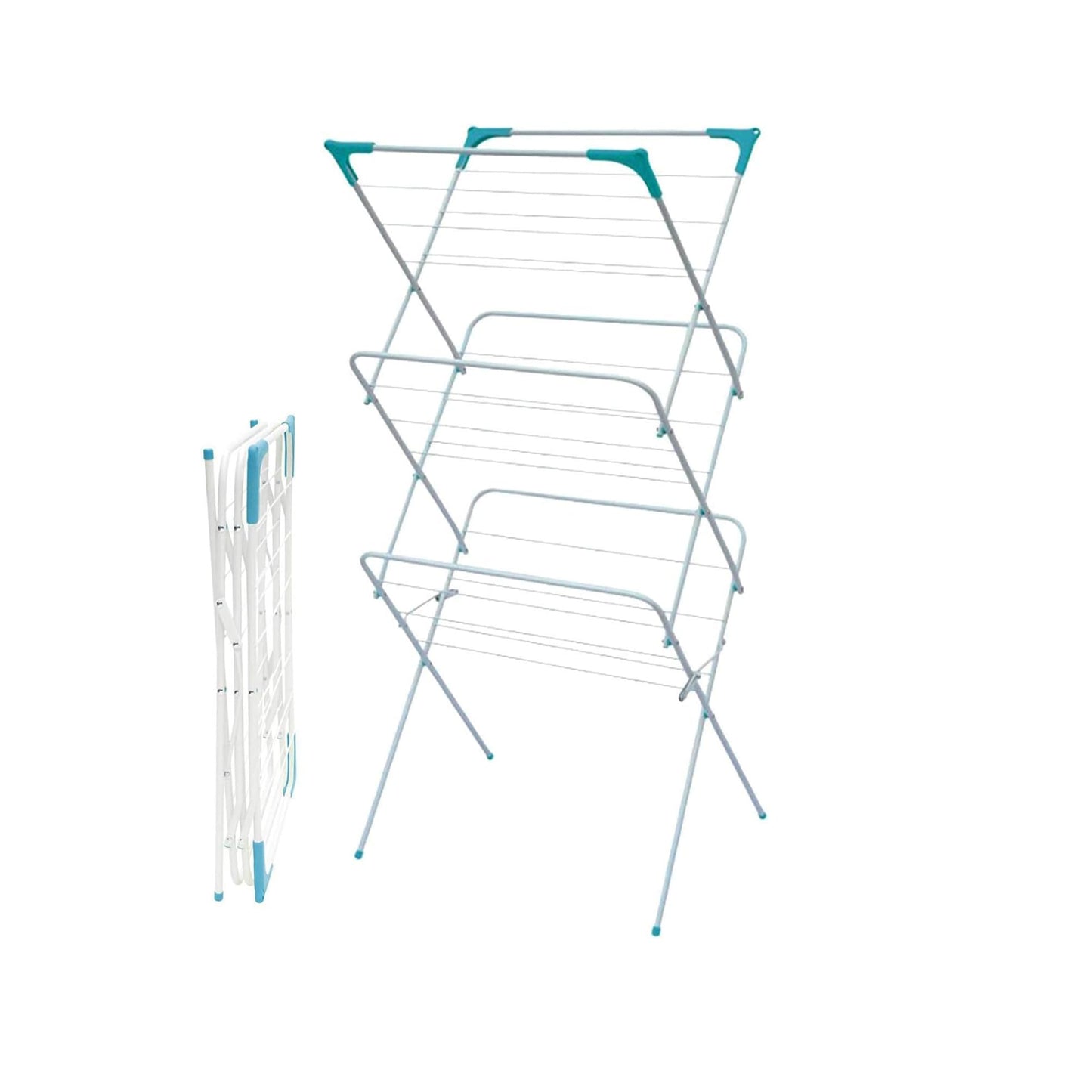 3 Tier Folding Clothes Airer - For Laundry, Indoor And Outdoor | Non-Slip Feet & Corner Spaces for Hangers | Foldable Drying Rack, Lightweight, Space Saving Washing Line - Home Storage