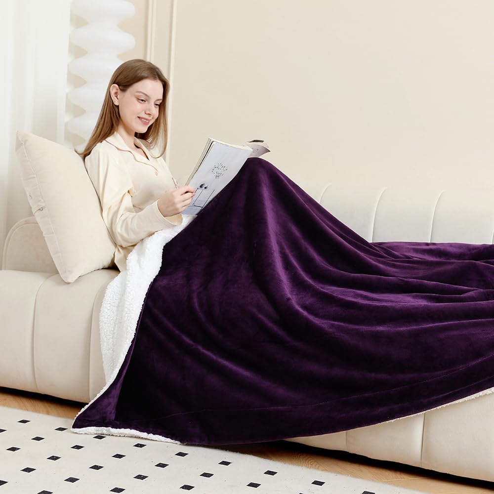 GonZalo GraCia. Dark Purple Sherpa Fleece Blanket 200x240cm Reversible Fluffy Sofa Bed Throw (Dark Purple Sherpa, King 200x240 cm)