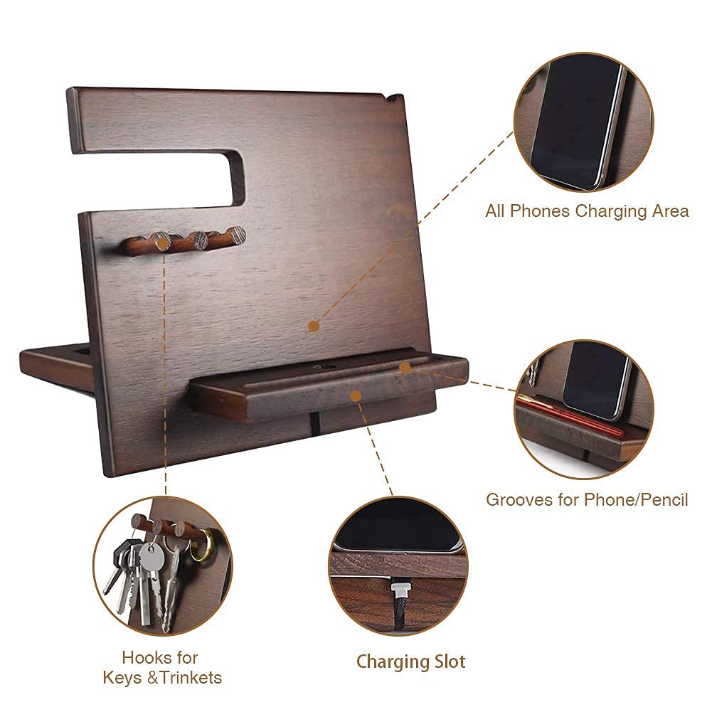 Gifts for Men Bedside Organiser for Him Birthday Gifts for Him Wooden Docking Station for Men Key Wallet Watch Wooden Organizer Gifts for Dad Anniversary Idea Valentines Gifts for Him Husband Wife Brown-1