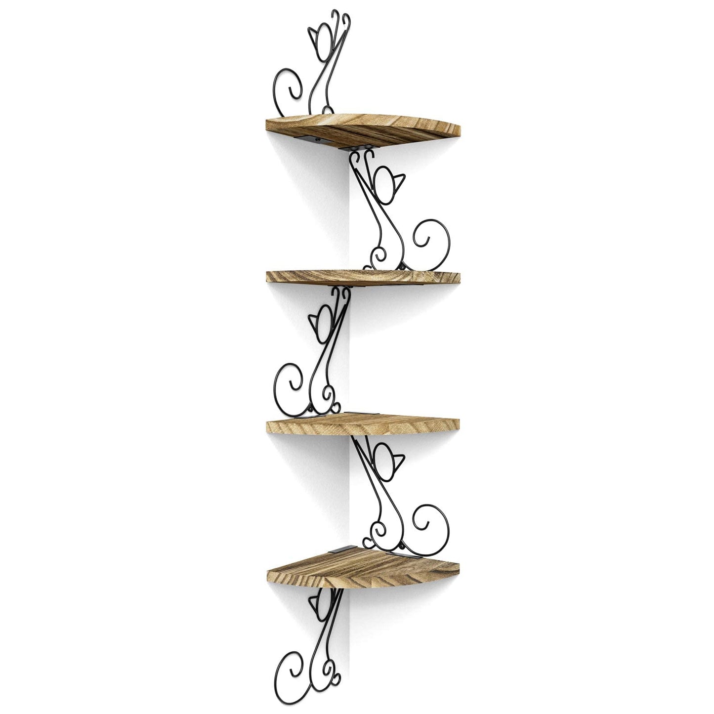 Alsonerbay Corner Shelf Wall Mount of 4 Tier Rustic Wood Floating Shelf Cat Shape Metal Stand for Bedroom Living Room Bathroom Kitchen Office and More Carbonized Black