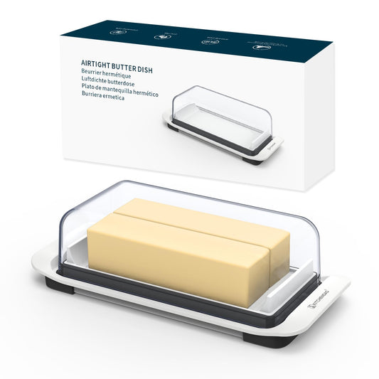 KITCHENDAO Airtight Butter Dish with Lid for Countertop and Fridge, Large Butter Keeper, Easy Scoop, Dishwasher Safe, Plastic Butter Holder Tray with non-slip Feet holds 2sticks/West/East Coast Butter Westküste/2 Sticks Ostküste