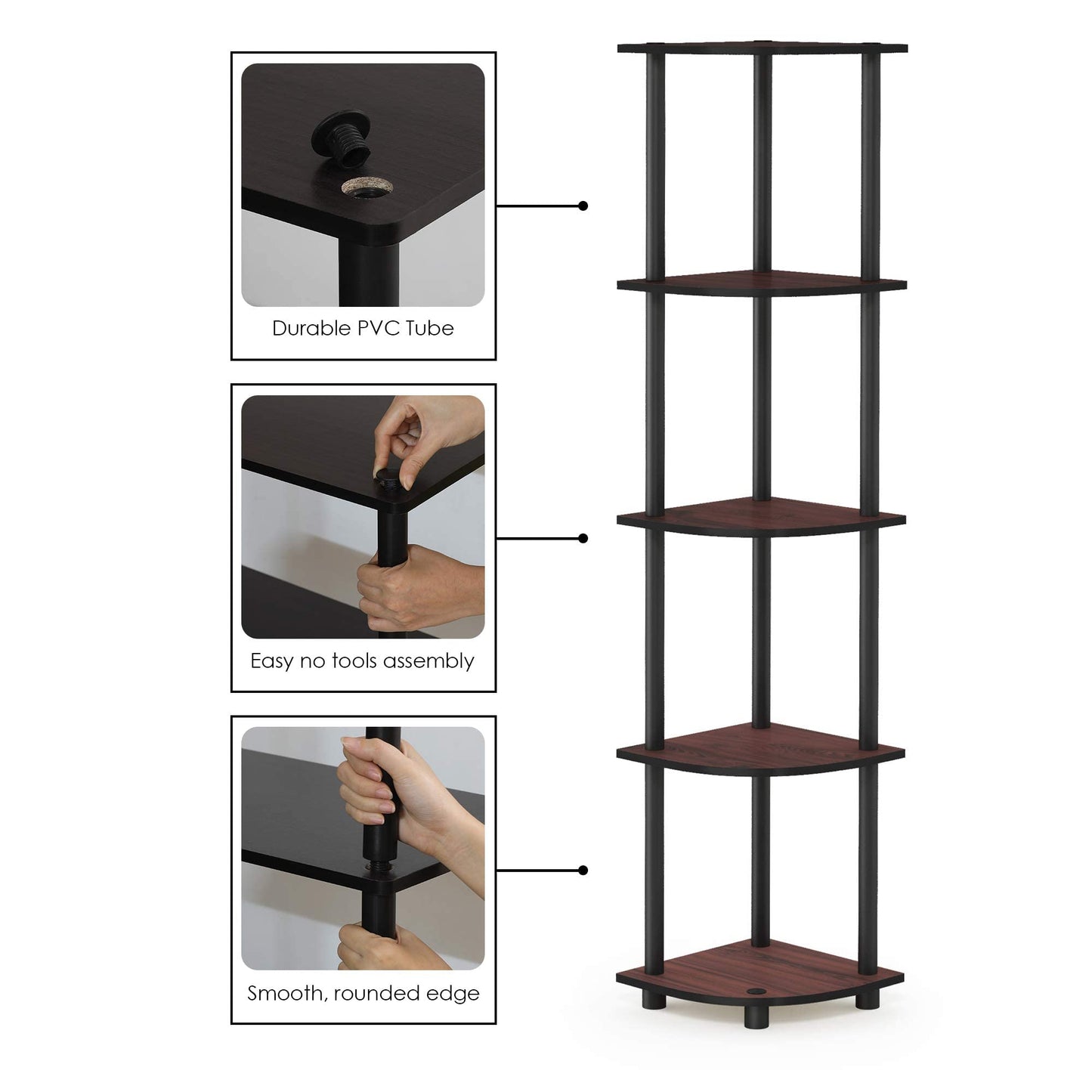 Furinno Turn-N-Tube 5 Tier Corner Display Rack Multipurpose Shelving Unit, Dark Cherry/Black 5-Tier