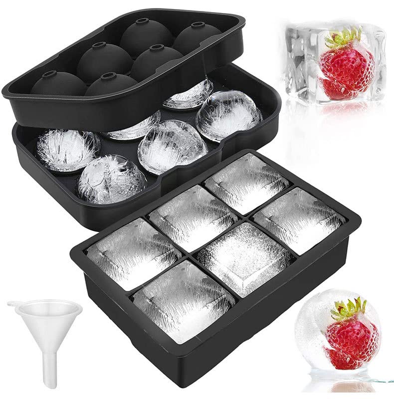 LessMo 2 Pack Ice Cube Trays, Silicone Sphere Giant Ice Ball Maker with Lid and Large Square Ice Cube Molds for Whiskey, Reusable and BPA Free 6 ICE CUBE+ 6 ICE BALL