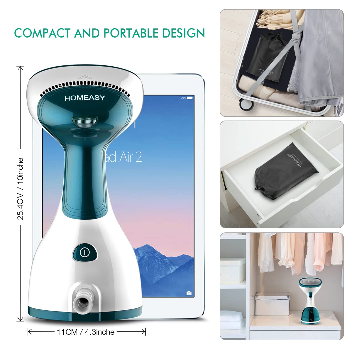 Clothes Steamer, HOMEASY Steam Iron Handheld Garment Steamer Wrinkle Remover Clothing Steamer with Fast Heat-up for Home and Travel Green