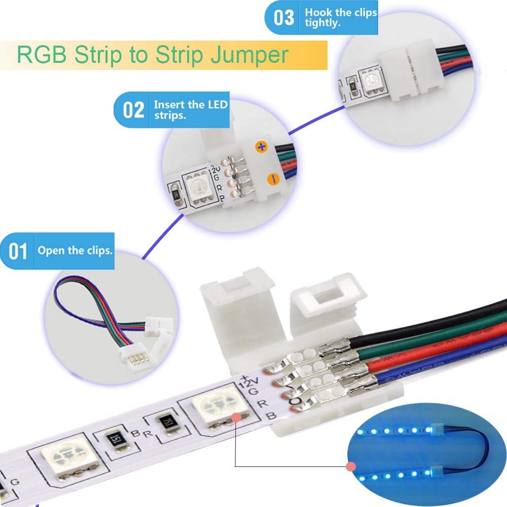 FSJEE 10mm 4pin 5050 RGB LED Strip Solderless Connector Kit- Includes 6.6FT Extension Cable,2 Way Splitter,L and T Shape connectors