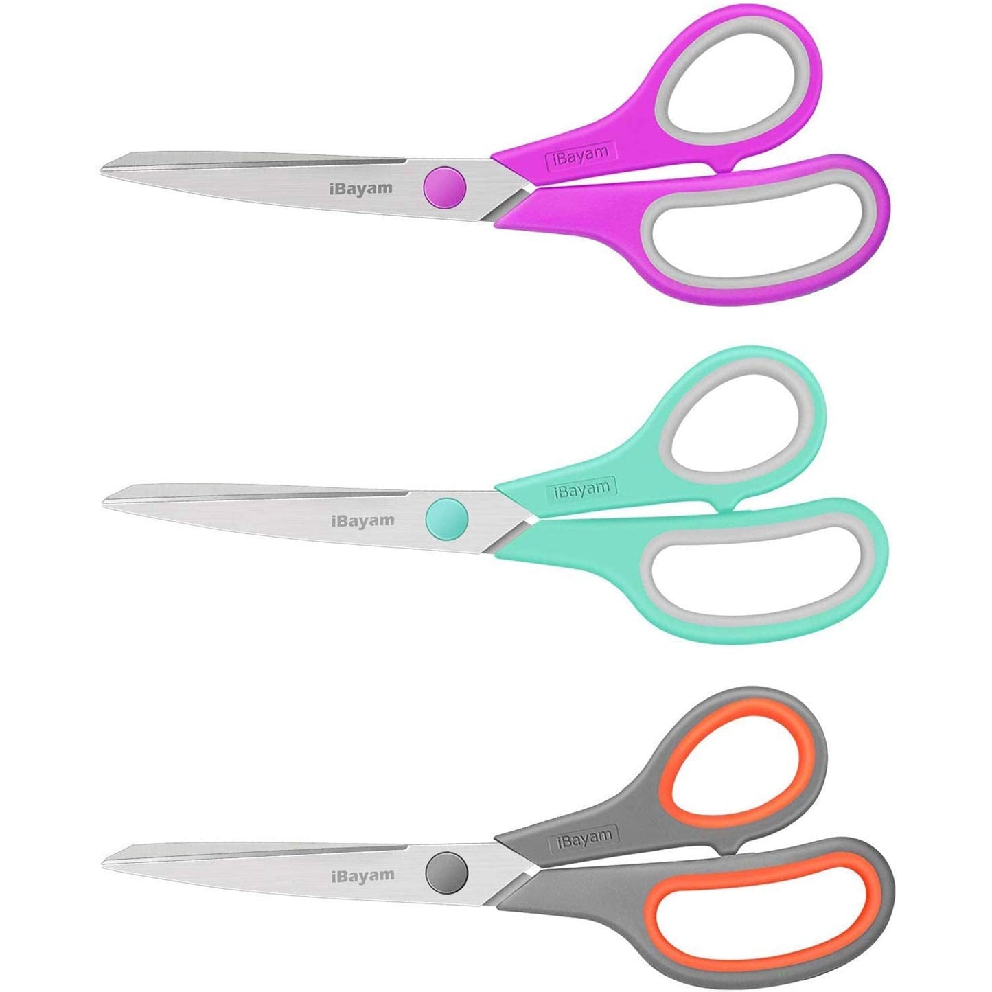 8" Titanium Bonded Multipurpose Scissors 3 Pack with Ultra Sharp Blades, Comfort-Grip Handles, Sturdy for School Home Office Art Craft Sewing Tailor Heavy Duty A Mint Green, Purple Pink, Steel Grey 3-Pack