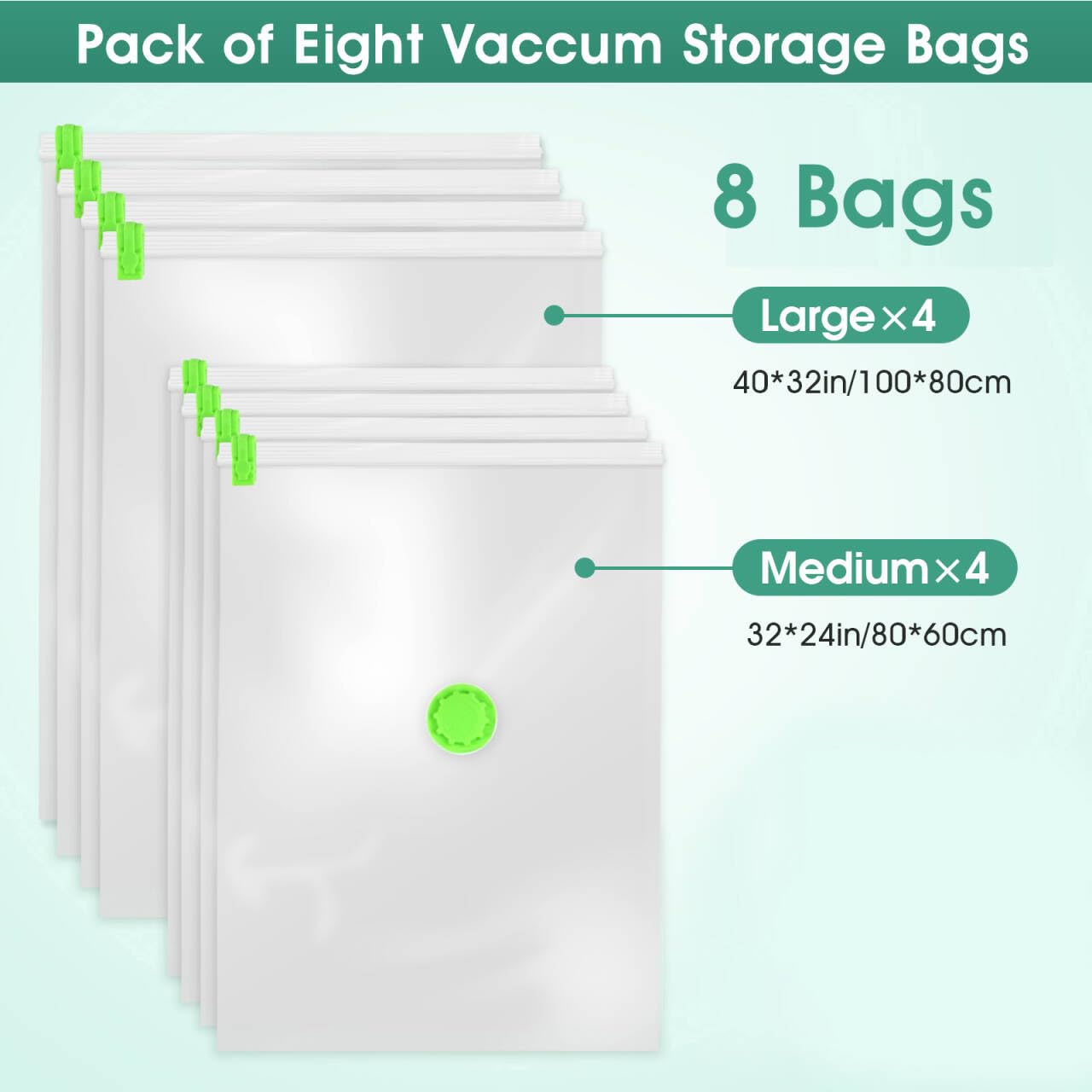 HEAVY DUTY 8 VACUUM STORAGE BAGS by Gorilla Bags. 4 Large (100x80cm), 4 Medium (60x80cm). Double Zip Seal & Unique Turbo Valve Keeps Items Compressed For Longer 4 Large, 4 Medium