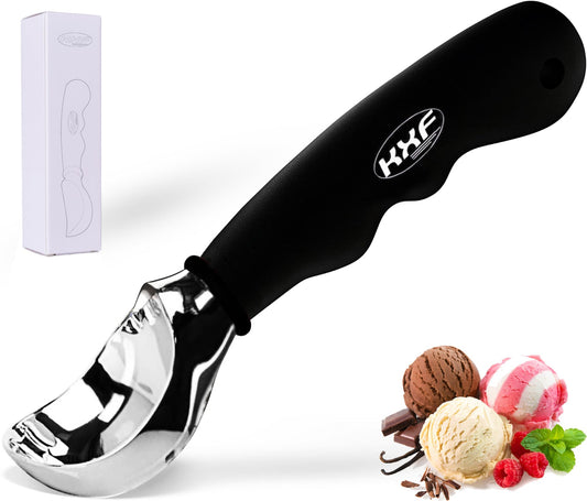 KXF Stainless Steel Ice Cream Scoop with Non-Slip Rubber Grip Heavy Duty Ice Cream Spoon Sturdy Icecream Scooper Cookie Fruit Scoop for Cookie Dough, Mash Potatoes, Melon Balls, Dishwasher Safe(Black) Black