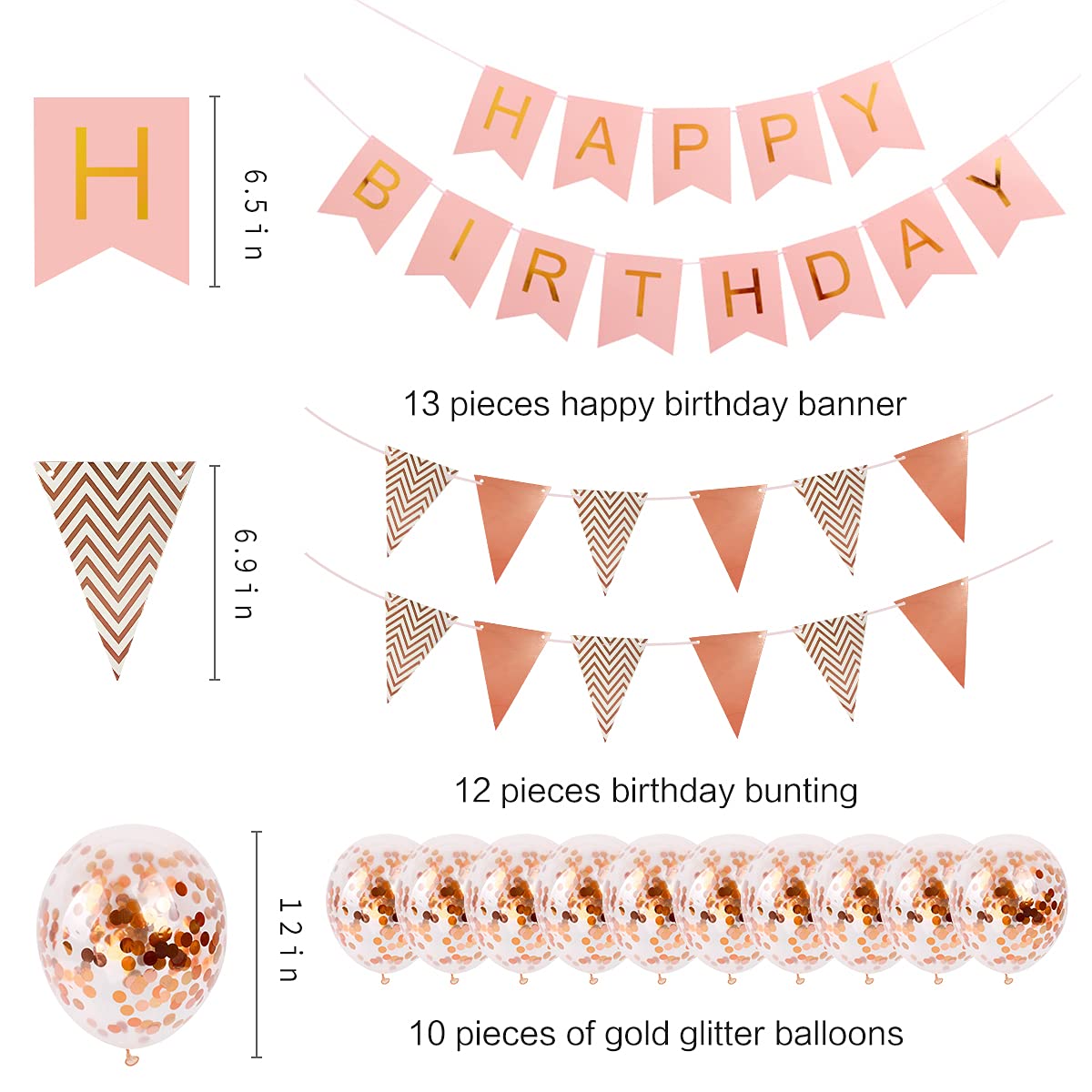 Happy birthday bunting banner balloons – 14 pieces happy birthday decoration pack include a set of rose gold birthday bunting birthday banner 2 ribbons and 10 confetti latex balloons Pink