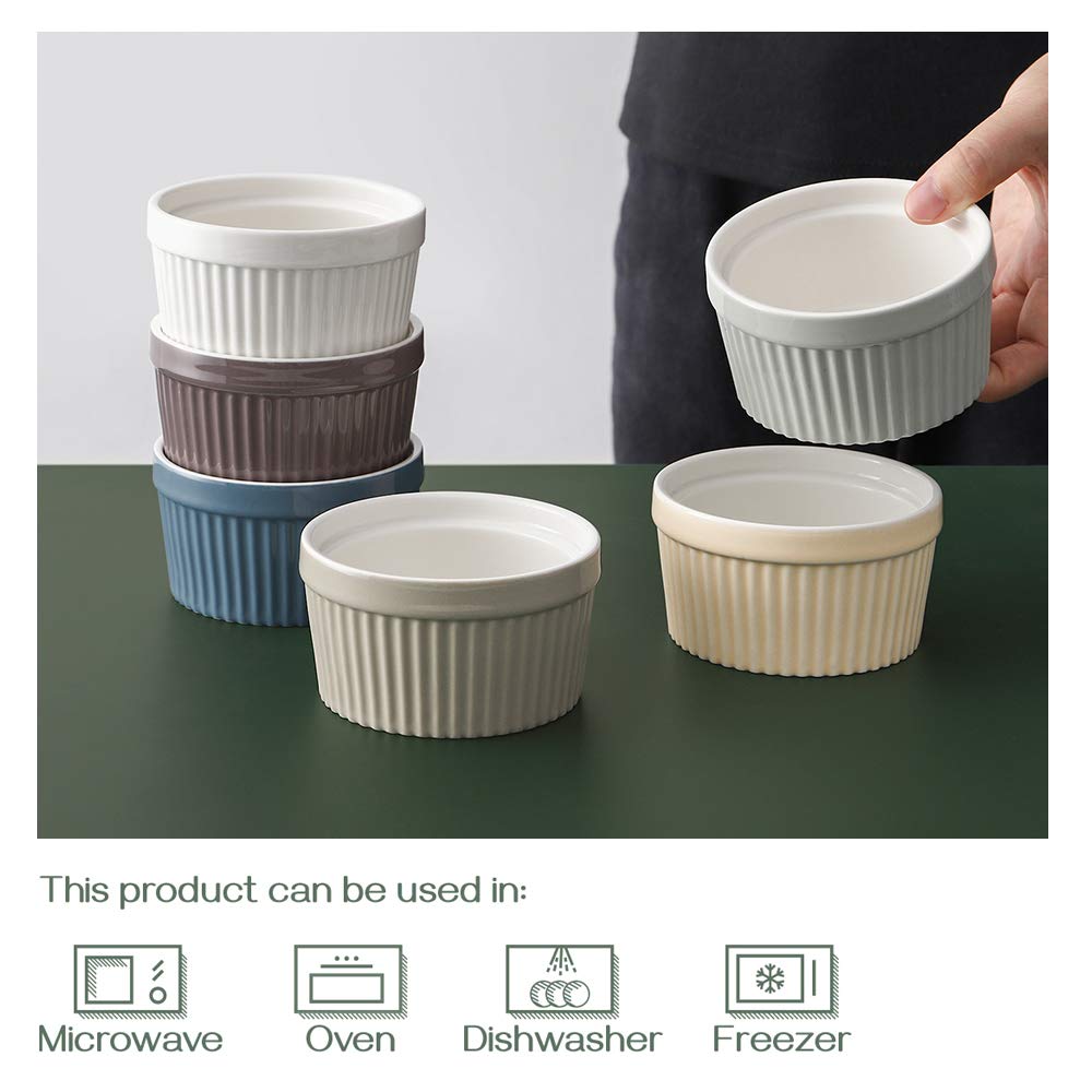 DOWAN Ramekins Set of 6, 235 ml/8 oz Porcelain Soufflé Dishes for Creme Brulee & Muffin, Baking Dishes for Cake & Pudding & Ice Cream, Mini Bowls for Dips, Sauces, Snacks and Fruits, 4 x 2.1 in-Multi 8oz Multi