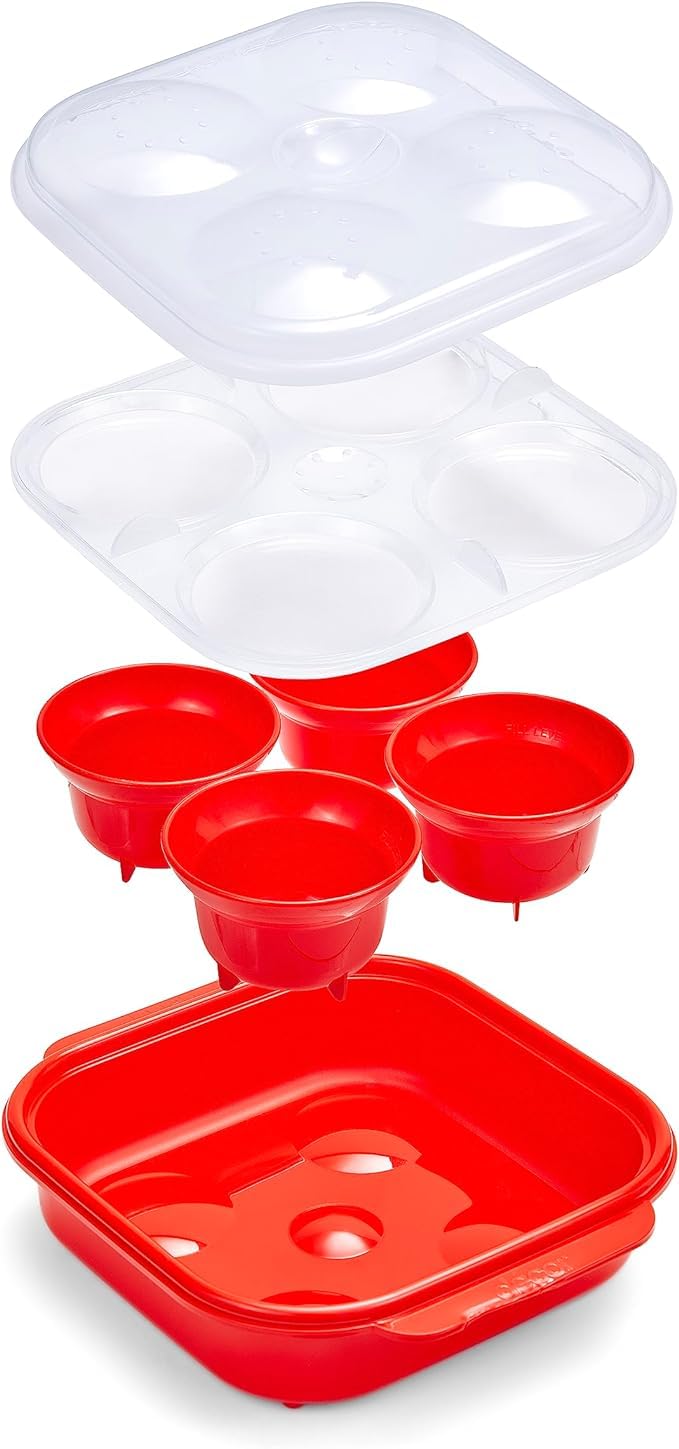 Décor Microwave Egg Poacher Cups for 4 | Food Grade Poached Egg Maker | Non-stick, Easy to Clean, BPA-free Plastic - Red 4 Egg Tray