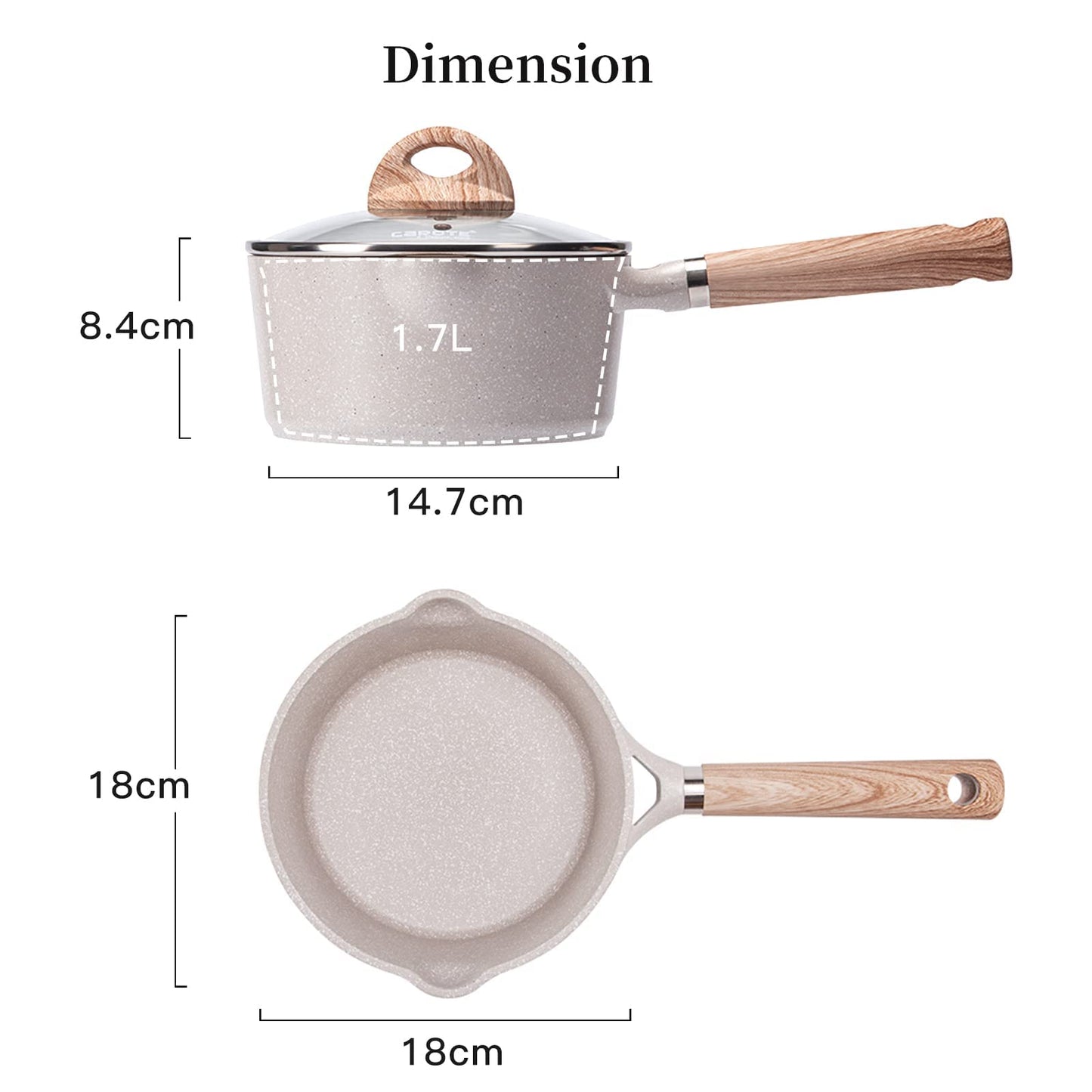 CAROTE Saucepan with Lid 18cm/1.5L, Nonstick Milk Pan for Induction, Gas and Electric Hobs, Small Cooking Pot with Pour Spout (18cm, Beige Granite)