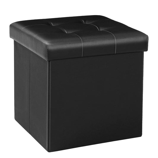 Bonlife 12.6" Black Folding Storage Ottoman Box Footstool,Faux Leather Storage Box with Lid Toy Chest Cube Foot Rest Seat, 32x32x32cm S-Leather