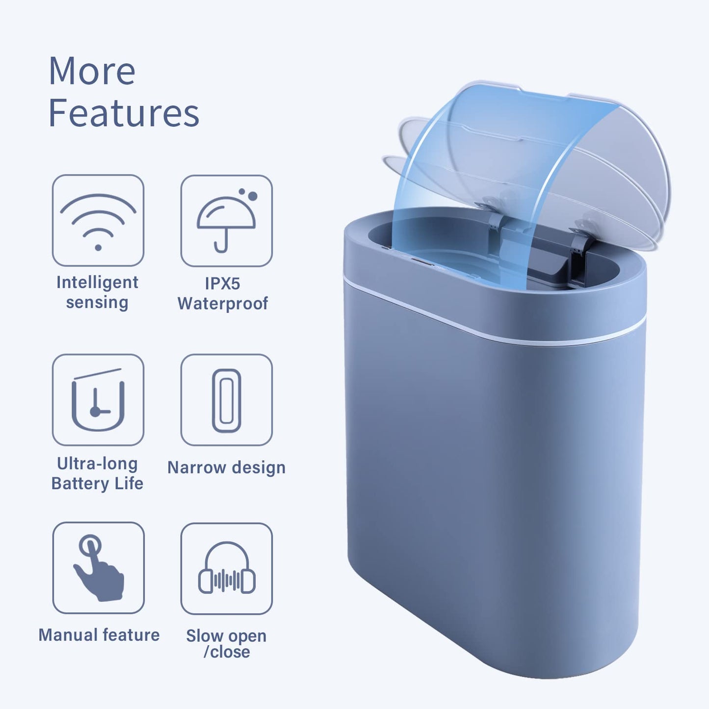 ELPHECO Bathroom Trash Bin, 9.5 Litres Waterproof Motion Sensor Small Bathroom Trash Can with Lid, 2.5 Gallon Slim Plastic Narrow Bedroom Trash Can, Grey 9.5 Litre Blue-grey