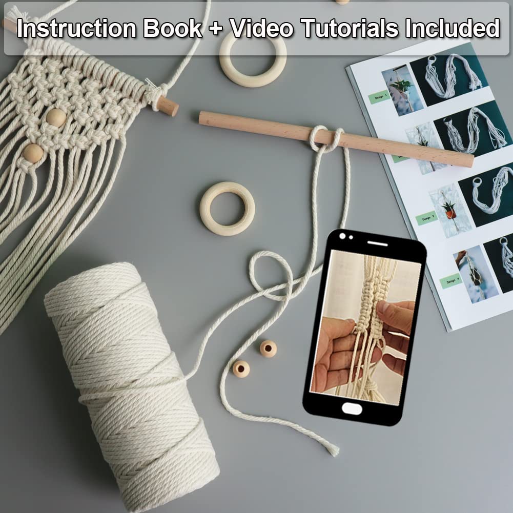 Beginners Macrame Kit for Adults,Featuring 3mm Macrame Cord,Wooden Beads,Rings,Instruction Book.All Accessories You Need to Make Macrame Plant Hanger,Macrame Wall Hanging Adults Craft Kit Beige, Macrame Kit