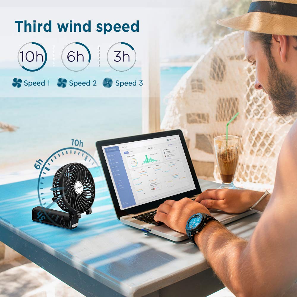 EasyAcc Handheld Portable USB Fan 3 Speeds 180° Foldable Powered Personal Mini Electric Fan With Rechargeable Battery Foldable Adjustable Speeds for Home Office Travel Outdoor - Black