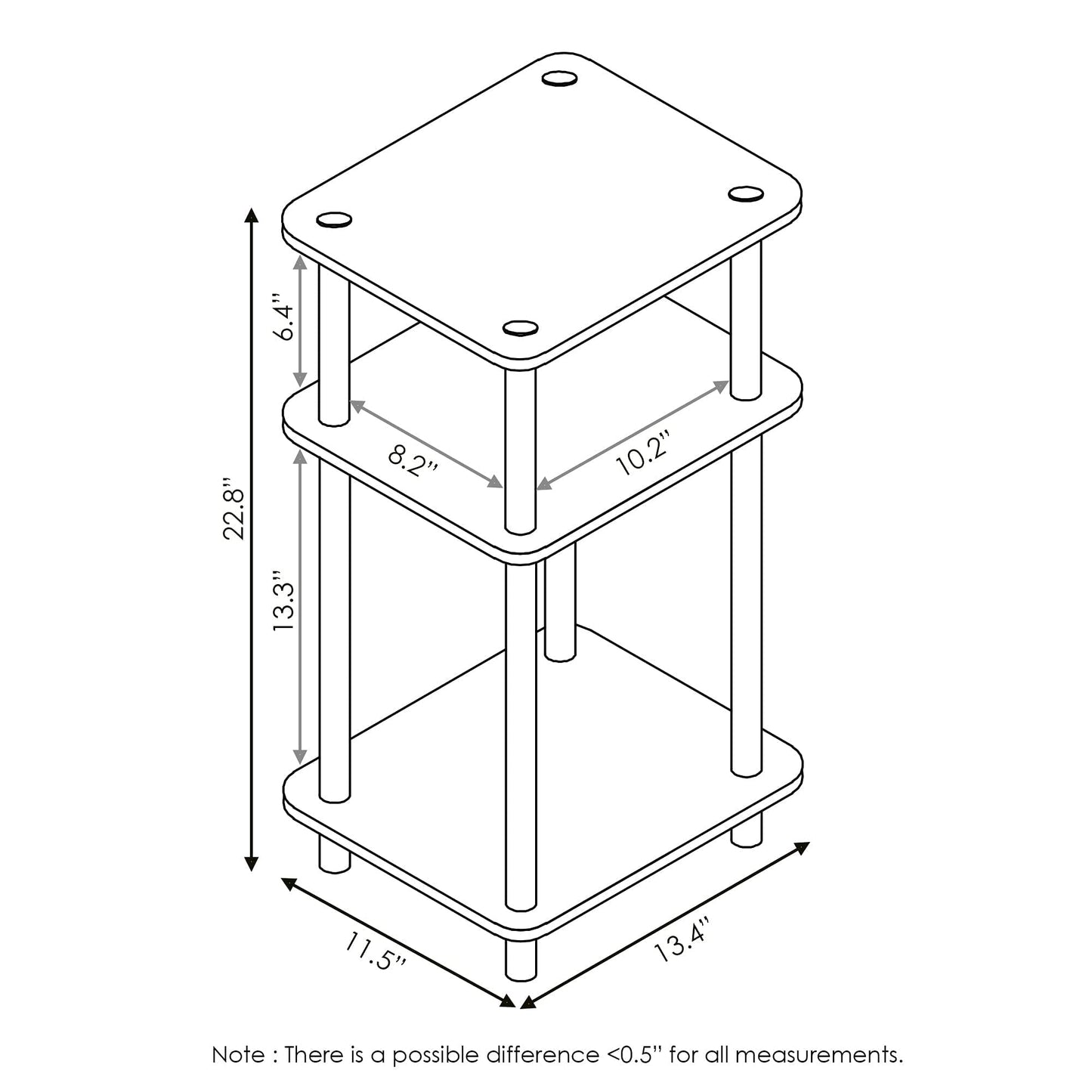 Furinno Just 3-Tier Turn-N-Tube End Table, Side Table, Nightstand, Americano/Black 1-Pack