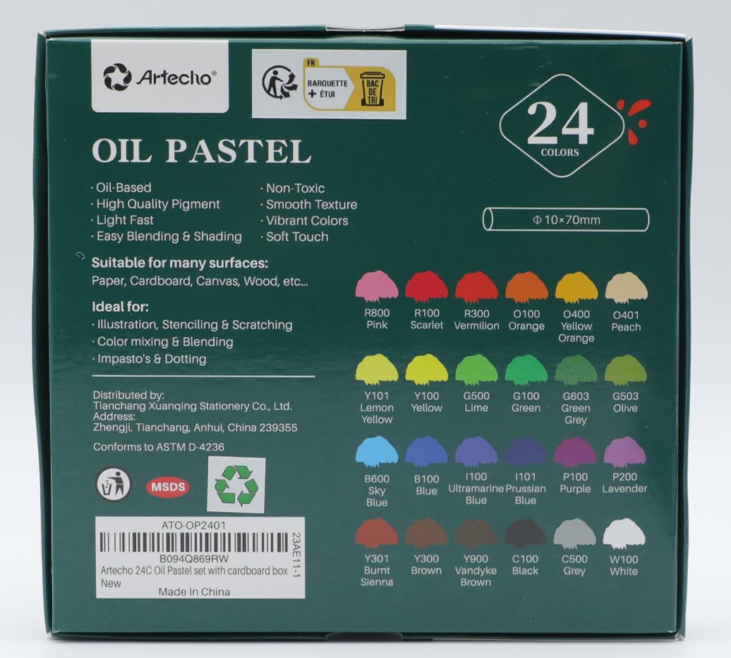 Artecho Oil Pastels Set of 24 Colors, Soft Oil Pastels for Art Painting, Drawing, Blending, Oil Crayons Pastels Art Supplies for Artists, Beginners, Students, Teachers 24 count (Pack of 1)