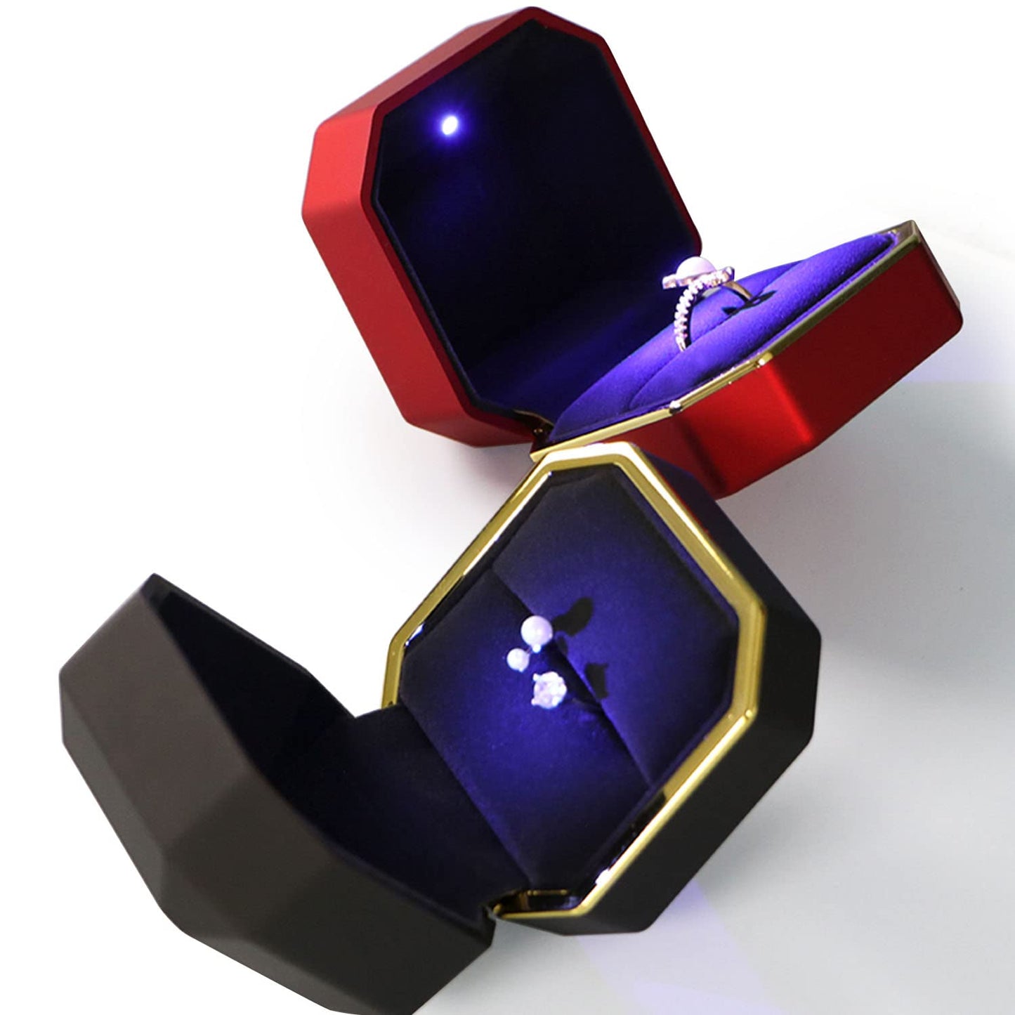 AVESON Luxury Ring Box, Square Velvet Wedding Ring Case Jewelry Gift Box with LED Light for Proposal Engagement Wedding, Black