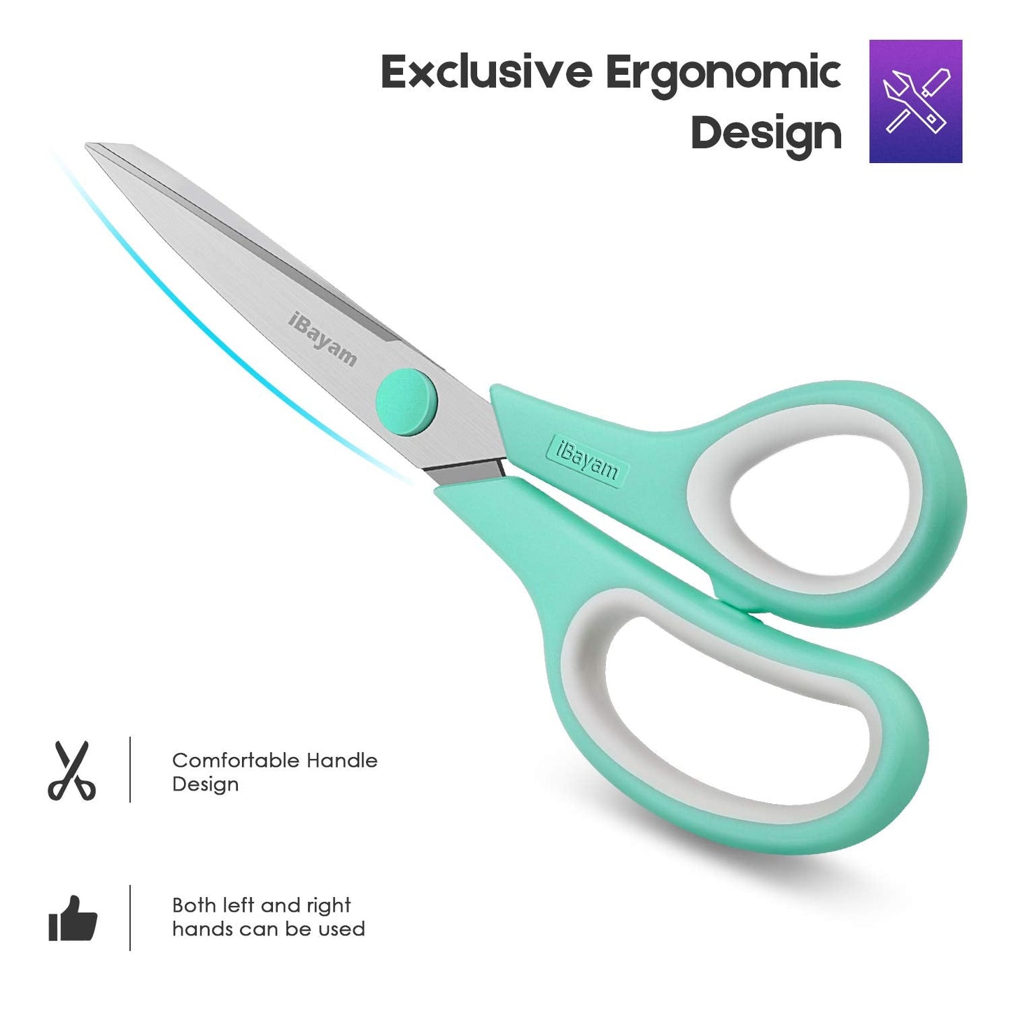 8" Titanium Bonded Multipurpose Scissors 3 Pack with Ultra Sharp Blades, Comfort-Grip Handles, Sturdy for School Home Office Art Craft Sewing Tailor Heavy Duty A Mint Green, Purple Pink, Steel Grey 3-Pack