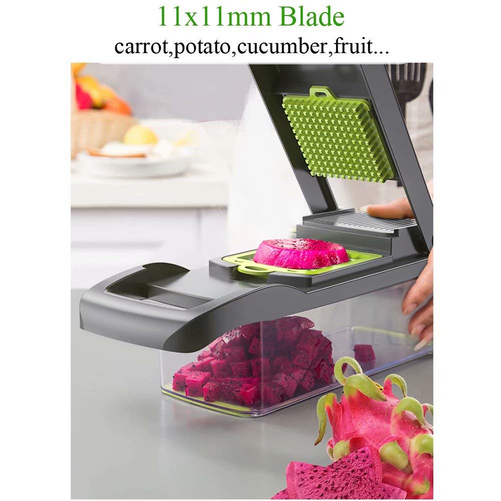 Alrens Vegetable Chopper - 12 in 1 Mandoline Slicer and Dicer with 7 Replaceable Stainless Steel Blades - Manual Cheese Slicer and Onion Chopper for Easy Cutting of Fruits and Vegetables Black