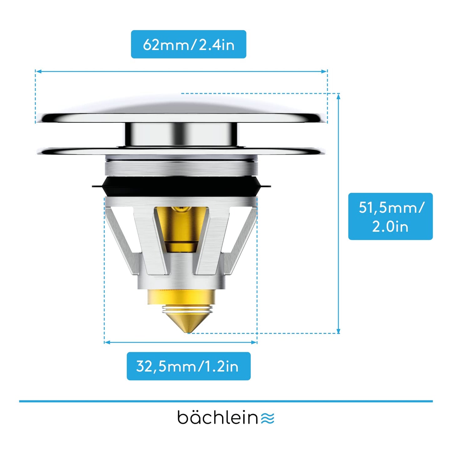 Bächlein Universal Pop Up Washbasin Plug - Chrome Drain Strainer for Washbasins - 40mm Drain Valve Plug with Hair Strainer Chrome avec fonction pop-up