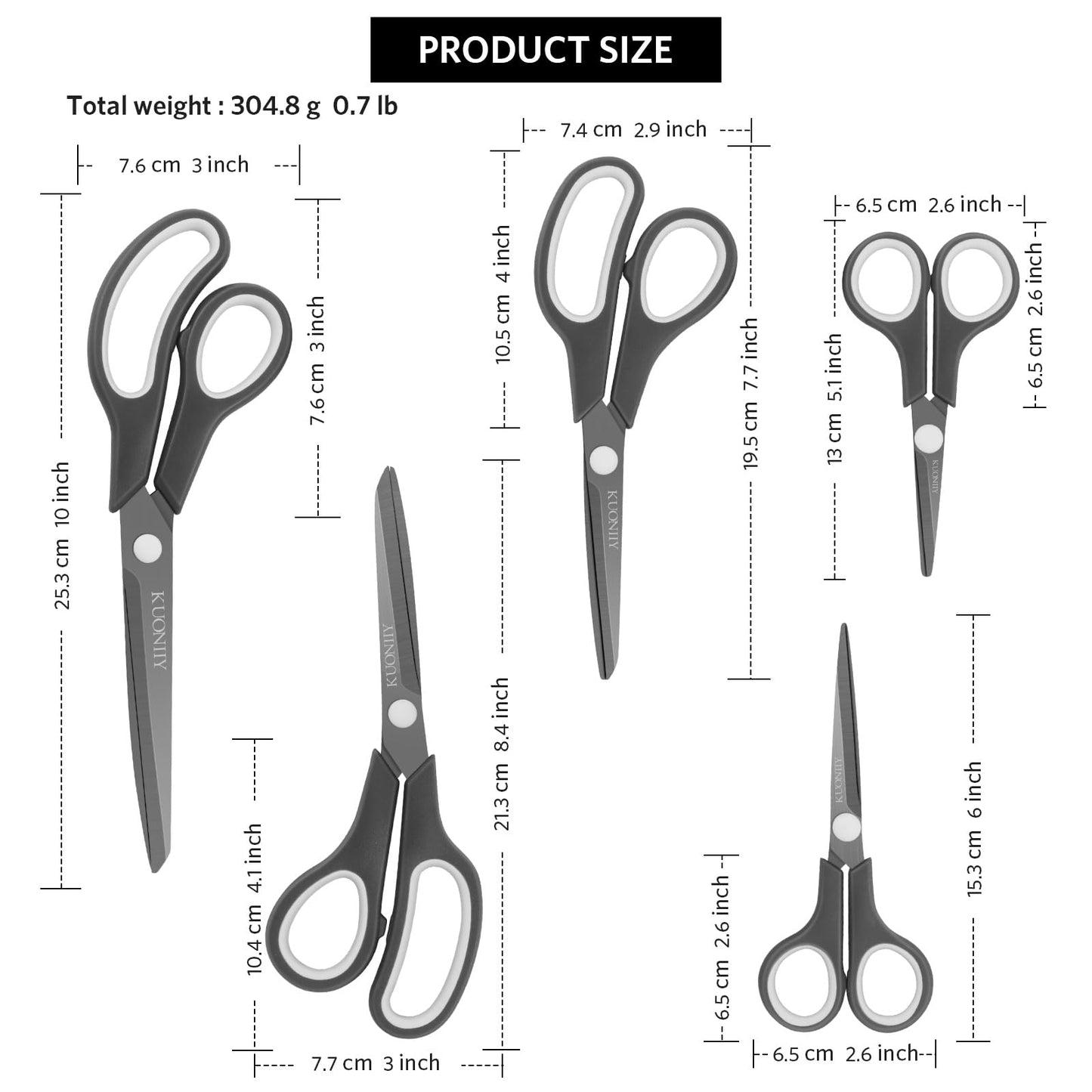 KUONIIY Scissors Ultra Sharp Titanium Coating Blades Soft Comfort-Grip Handles Multi-Purpose Scissors Set of 5 Ttitanium Coating 5 Size