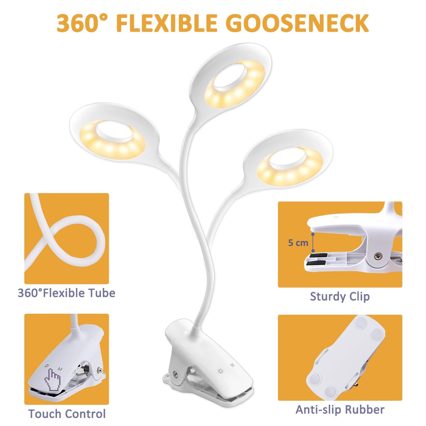 Akynite 3W Rechargeable LED Clamp Desk Lamp Flexible, 3 Colour & 3 Brightness, Touch Control Bedside Lamp Dimmable, Wireless Battery Operated LED Book Reading Light Clip on Bed for Kids, White