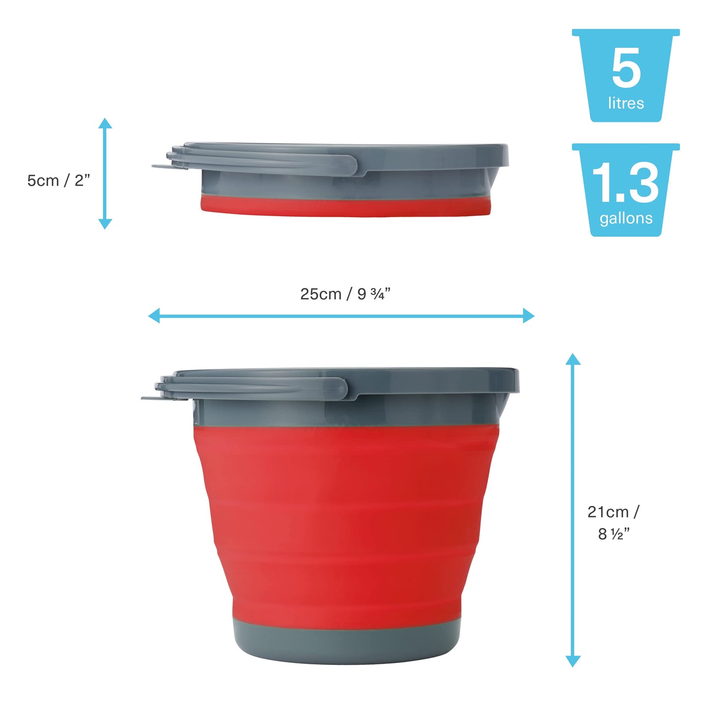 Bramble - 3 Collapsible Space Saving Portable Buckets, 5 Litre Multi-Use Household, Cleaning, Camping Buckets - Flattens to 5cm - 5L