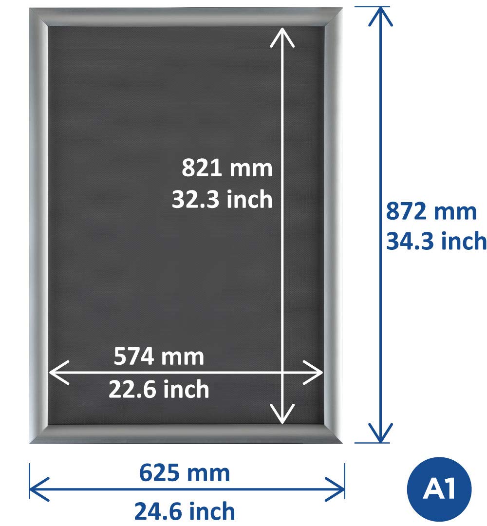 EUROPEL Snap Frame A1, 25 mm | Aluminium Anodised Construction & Anti-Glare Cover | Clip Poster Holders for Retail & Advertising Displays | Notice Sign Board Frame for Walls Silver Classic - 25 mm