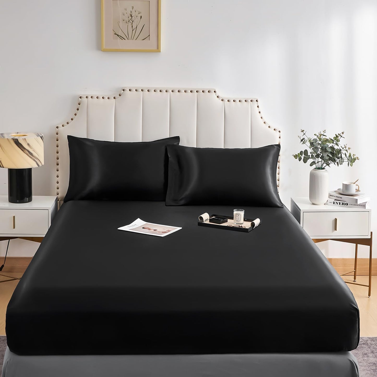 DuShow Fitted Sheet-Deep Pocket Satin Silky Bed Sheet,Breathable Soft and Comfortable-Wrinkle,Fade,Satin and Abrasion Resistant(Double,Black) Black Double