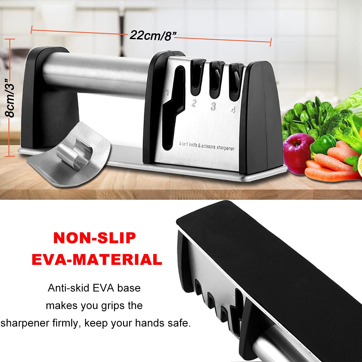 Knife Sharpener with 4 in 1 and Finger Protection Knife sharpeners Best Grinding Grooves are Made of Diamond Tungsten Steel and Ceramic Knives Sharpener Safe and Non-Slip. Black + Finger Guard