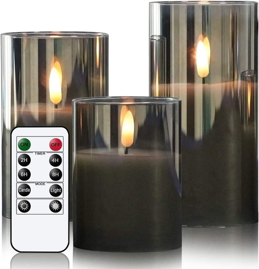 Eldnacele Gray Glass Flameless Candles Flickering with Remote, Battery Operated Warm Light LED Candles with Timer, Set of 3(D3'' x H4''/5''/6'') for Party Wedding Christmas Decoration 3d Wick-gray