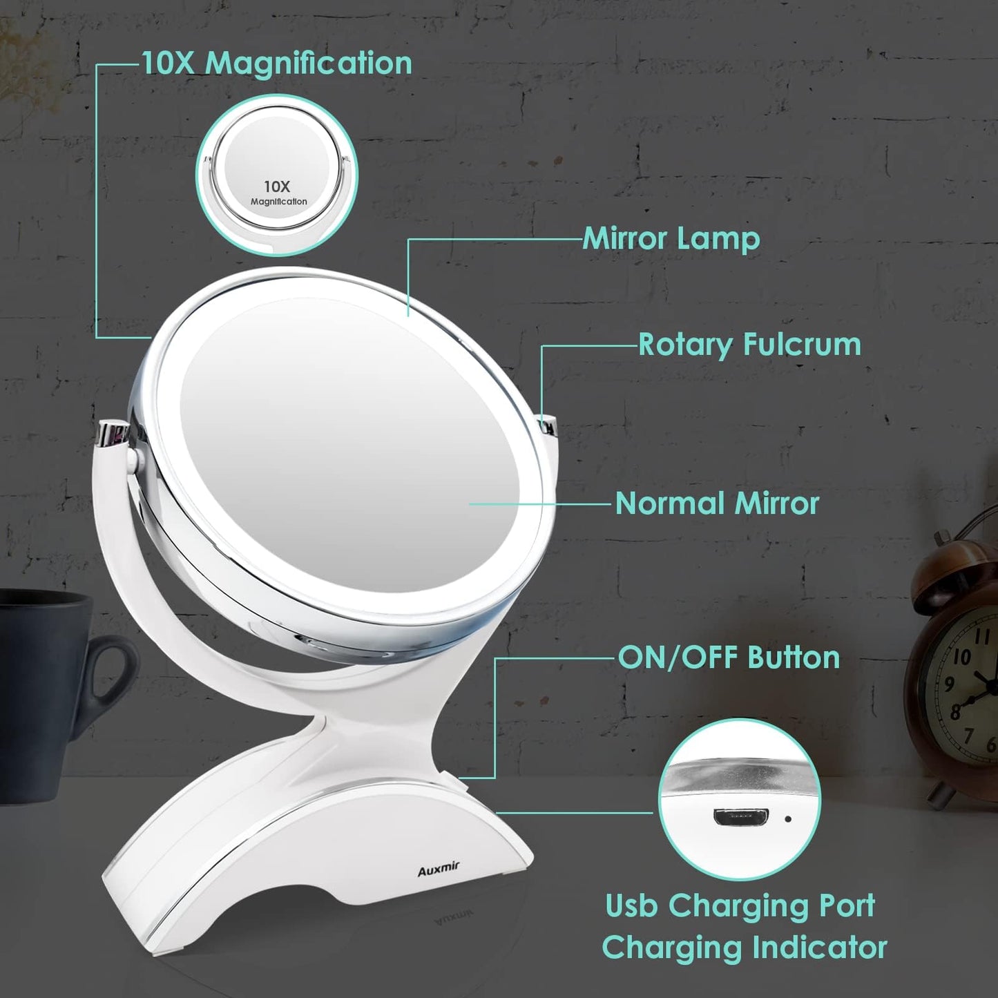 Auxmir 1X / 10X Magnifying Makeup Mirror With Light, Double Sided Rechargeable Mirror with Adjustable Brightness, 360° Rotation Cosmetic Mirror for Dressing Table, Bathroom, Bedroom