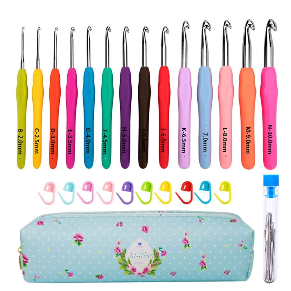 14 Pcs Crochet Hooks Set,Ergonomic Crochet Hooks with Case for Arthritic Hands,Size 2mm to 10mm 14 Size