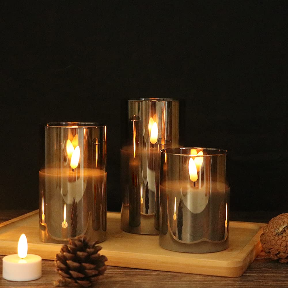 Eldnacele Gray Glass Flameless Candles Flickering with Remote, Battery Operated Warm Light LED Candles with Timer, Set of 3(D3'' x H4''/5''/6'') for Party Wedding Christmas Decoration 3d Wick-gray