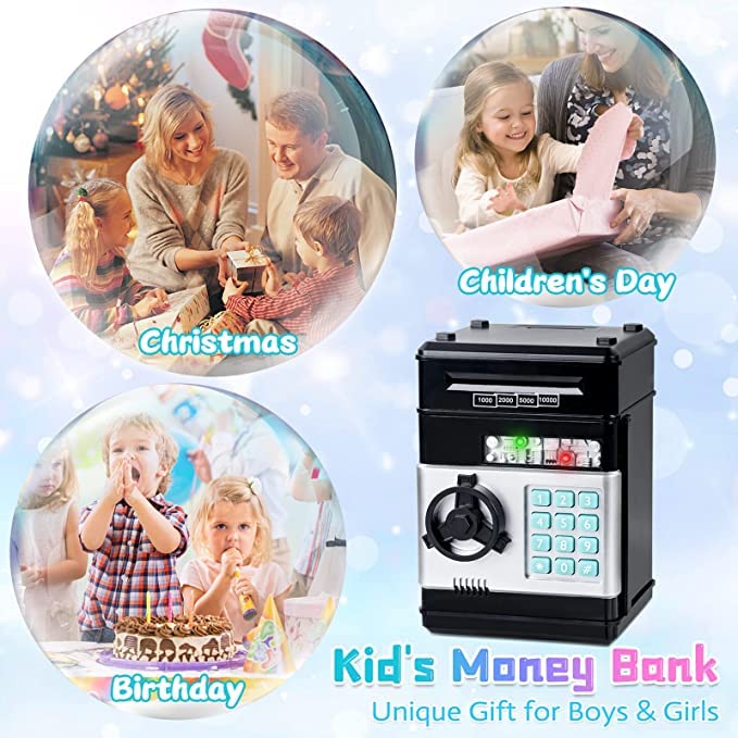 Highttoy Money Box for Kids Ages 3-12,Electronic ATM Money Safe for Kids Money Bank Piggy Bank for Boys Girls ATM Password Money Safe Savings Money Box for Girls Boys Kids Birthday Favors Black