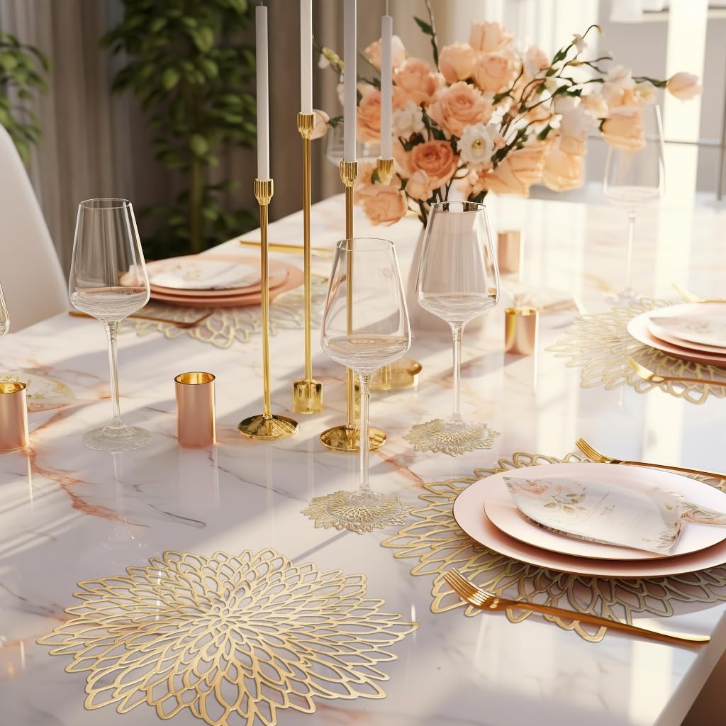 HEYOMART PVC Placemats Sets of 6 Round Leaf Place Mats Washable Heat Resistant Vinyl Table Mats for Morden Kitchen Dining Table Wedding Accent Centerpiece Placemat, Gold 6 Pack