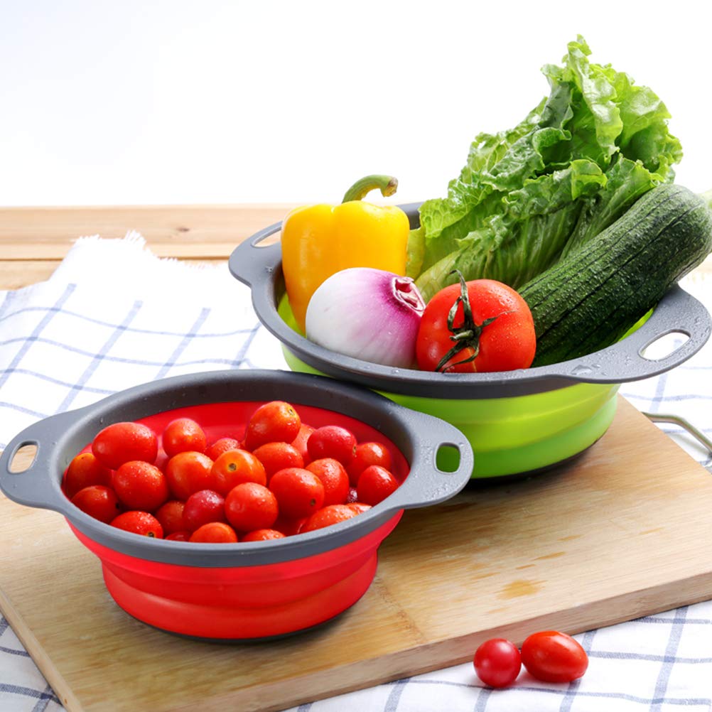 Collapsible Colander Set of 3 - Silicone Kitchen Strainers with Plastic Handles - 4 Quart & 2 Quart Sink Colander for Draining Pasta, Vegetables, Fruits (Green, Orange, Red) Orange+green+red 4qt(2pcs)+2qt(1pc)